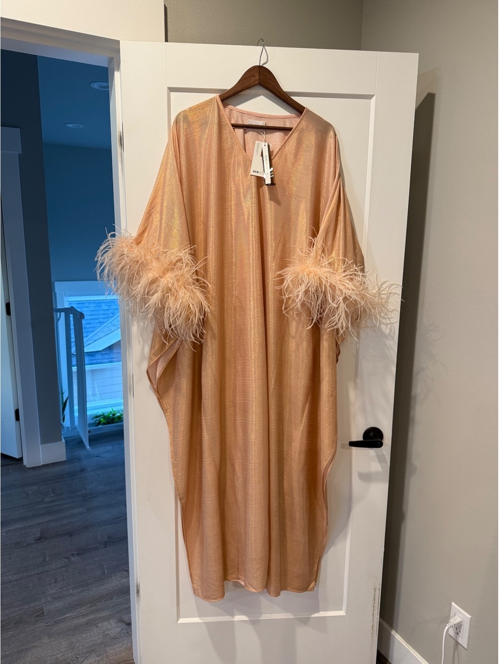 TheideaCrafts (Etsy) Custom Peach Feather Caftan Dress- One Size, 5’7 Length